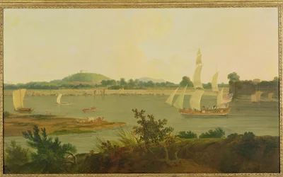 Pinnace segelt den Ganges hinunter vorbei an der Festung Monghyr, ca. 1791